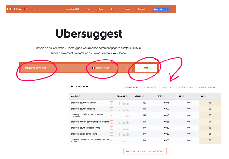 Comment trouver des mots-clés avec UberSuggest ?