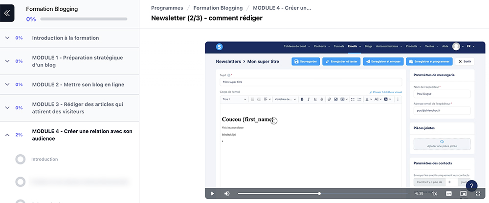 Capture d'écran d'une vidéo de la Formation Blogging où je vous montre mes techniques pour rédiger des newsletters qui cartonnent