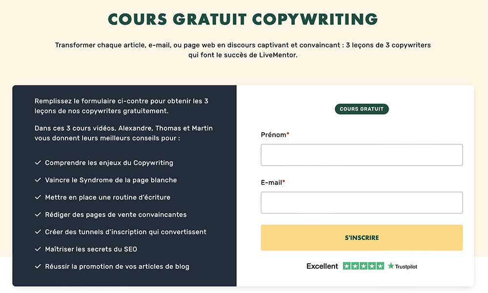 Cours de copywriting gratuit de Livementor