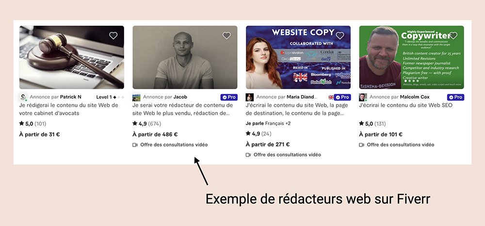 Exemple de rédacteurs web sur Fiverr