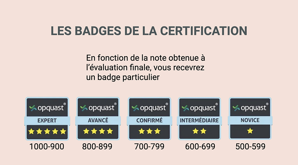 Les badges et notes suite à l'évaluation de la certification opquast